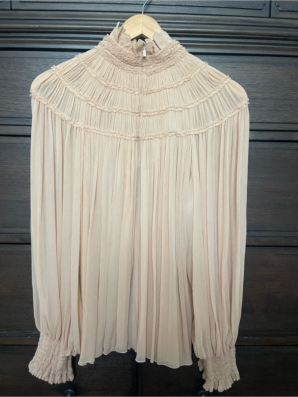 Chloé Smocked High-Neck Pleated Silk Blouse in Nude Beige - Picture 5 of 10